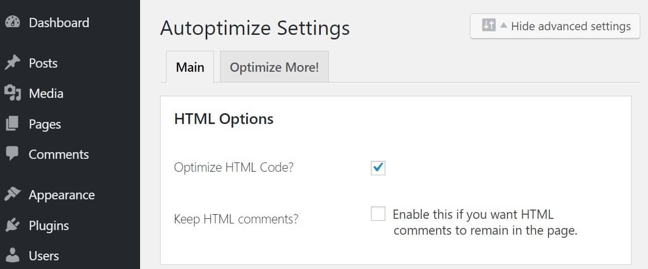 autoptimize optimize html code