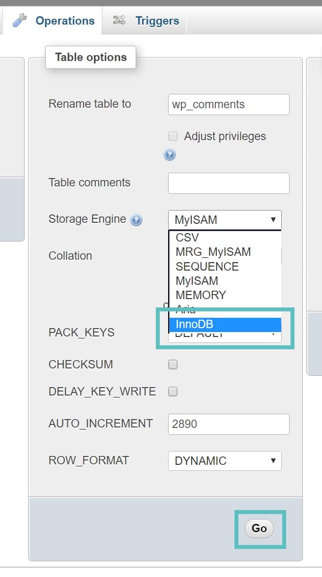 convert myisam table to innodb phpmyadmin