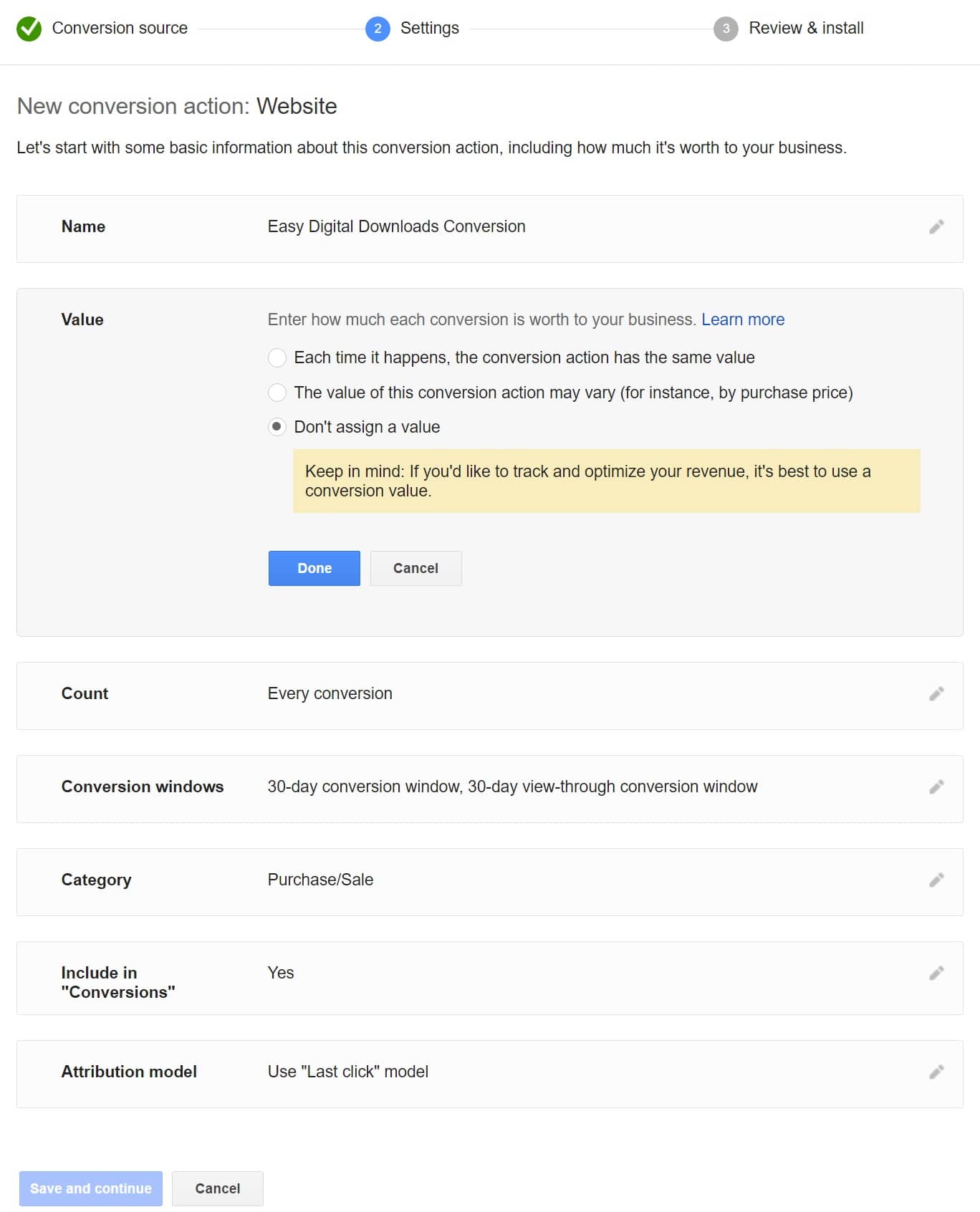 custom conversion code adwords edd