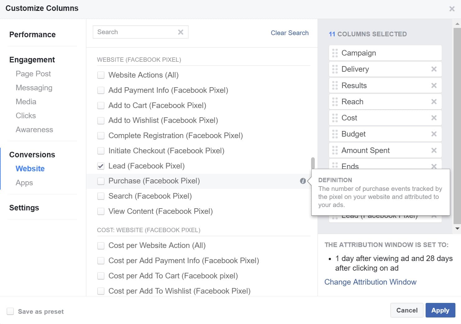 facebook ads manager purchase column