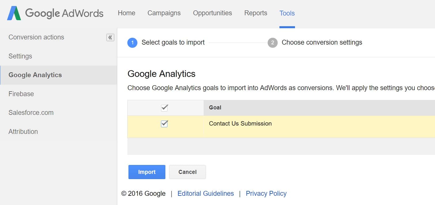 import analytics goal adwords