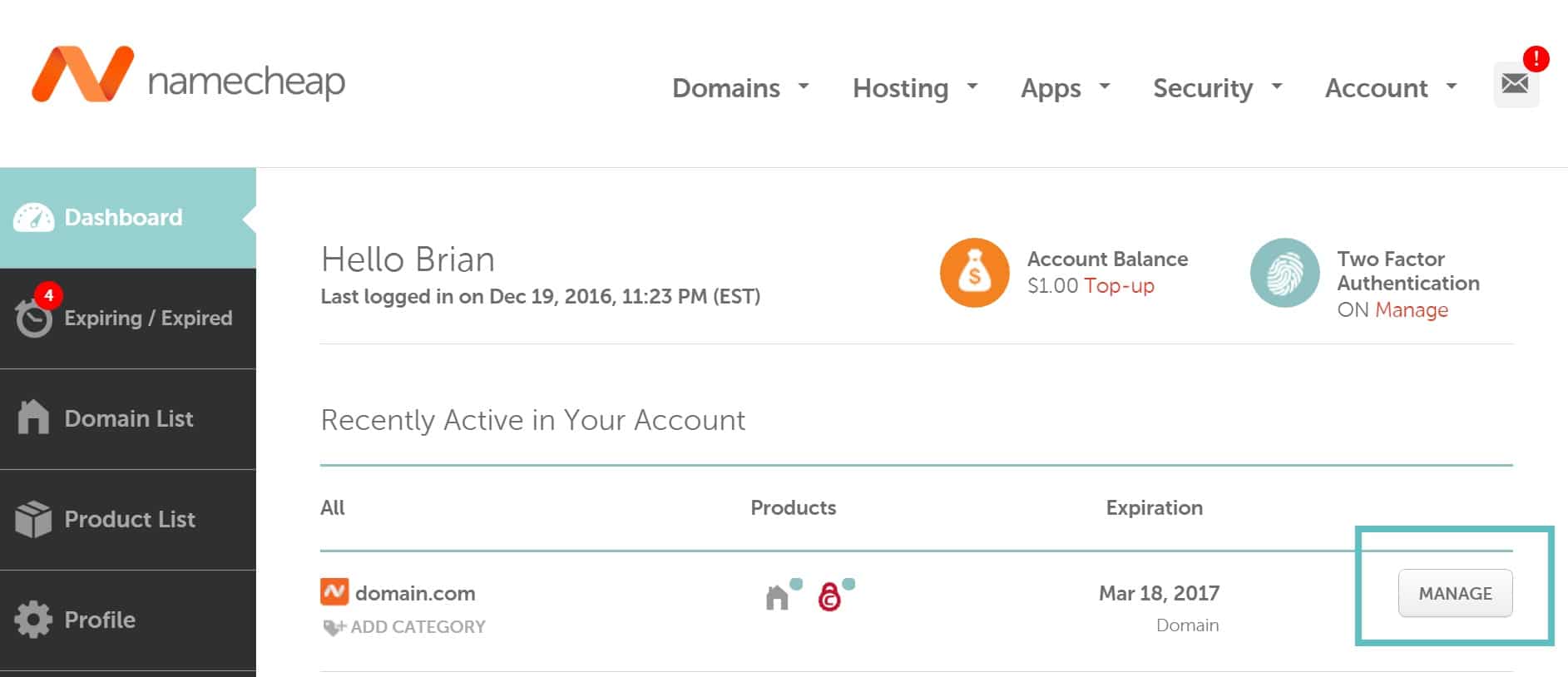 namecheap manage domain