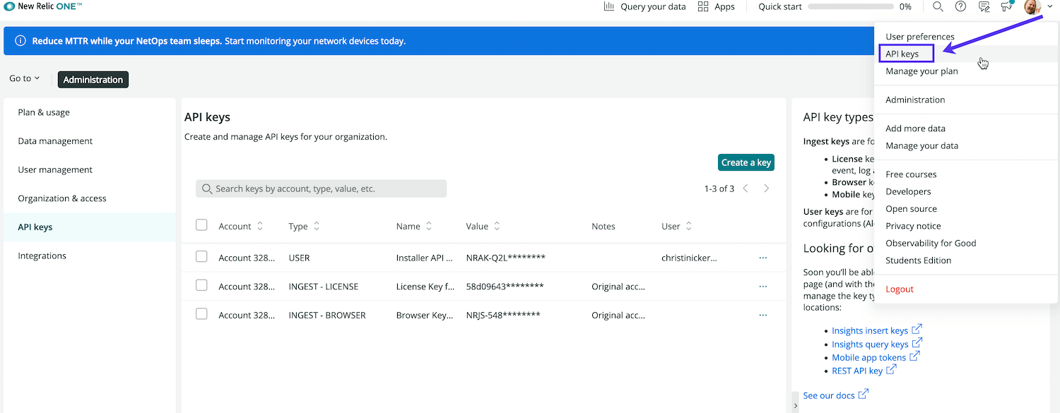 Select API keys in the account dropdown アカウントのドロップダウンで「API keys」を選択する