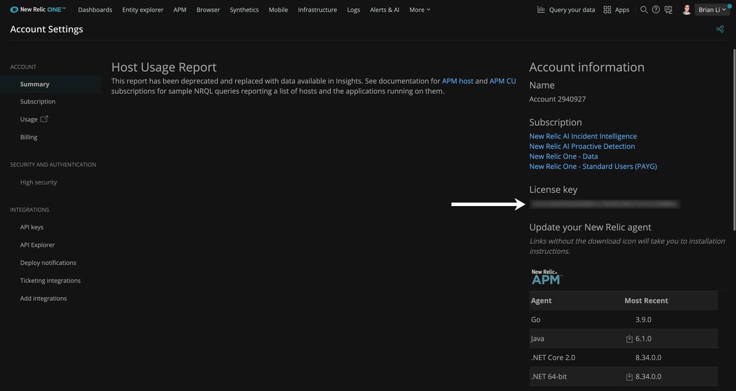 La clave de licencia de New Relic.