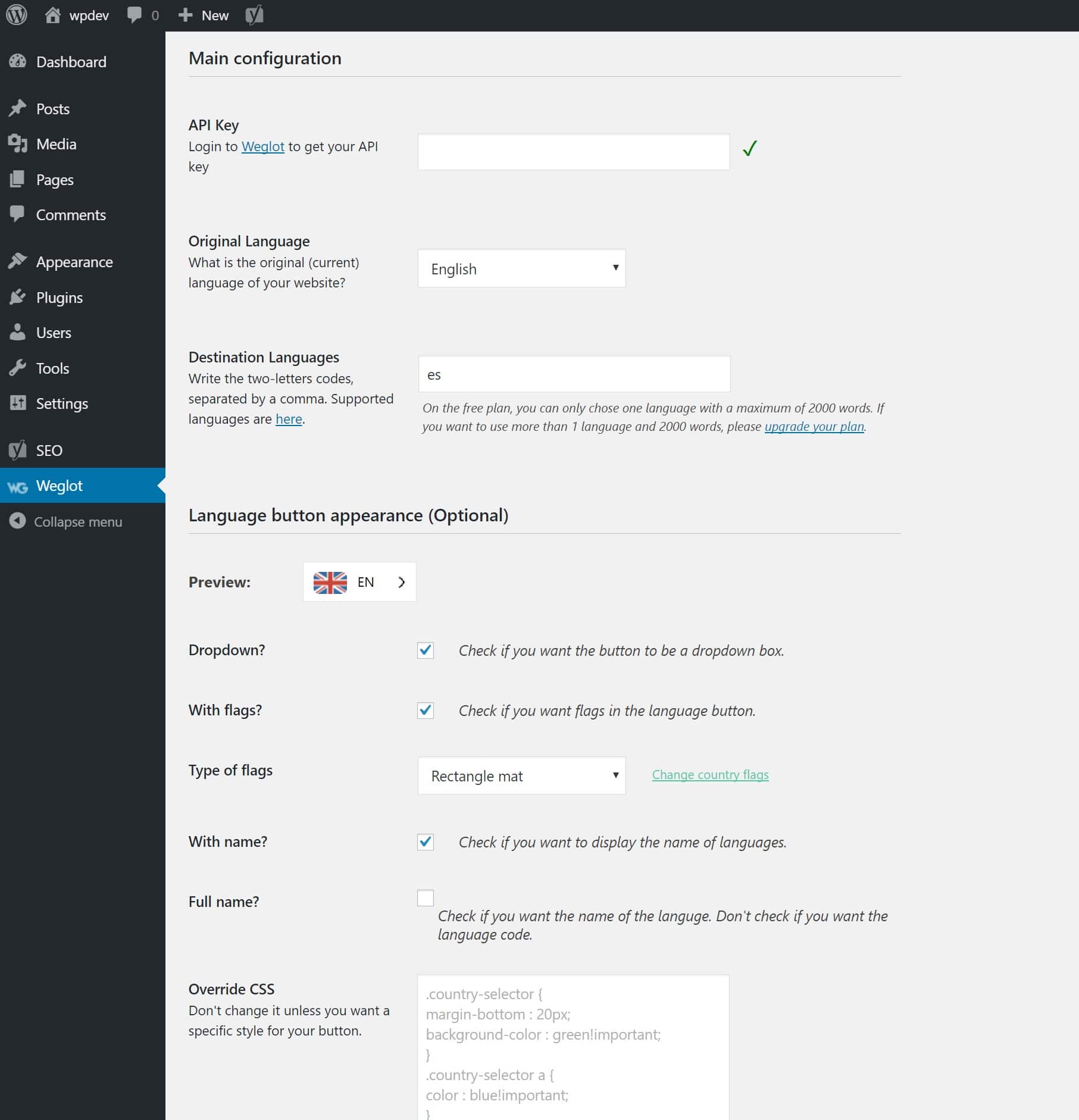 Configuración de Weglotn