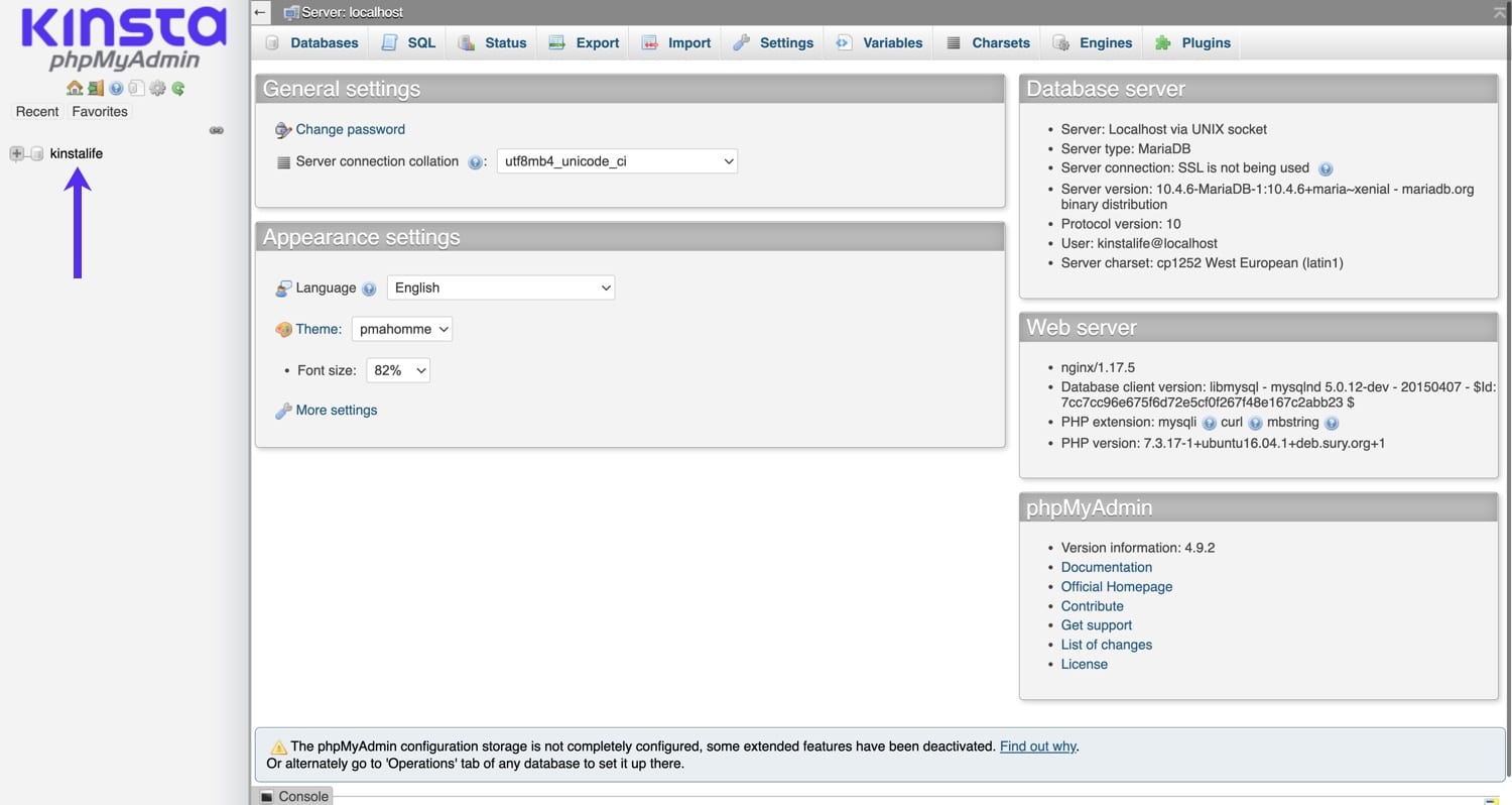 Klik op de MySQL database van je Kinsta website in phpMyAdmin.