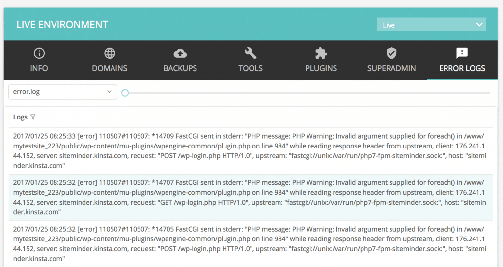 My Kinsta Error Log