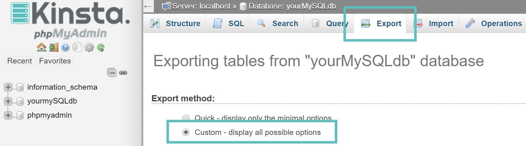 phpmyadmin export custom