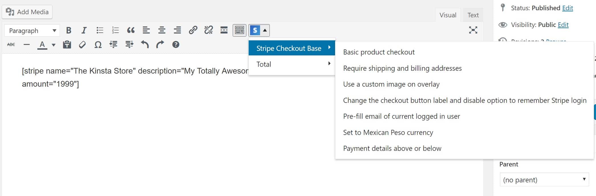 stripe shortcode button