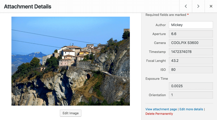 EXIF attachment details