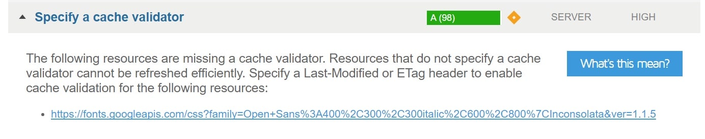 google fonts specify a cache validator