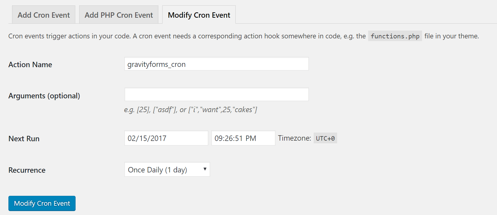 Schermata delle opzioni di modifica dell'evento Cron