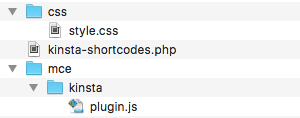 The image shows the structure of the kinsta-shortcodes plugin