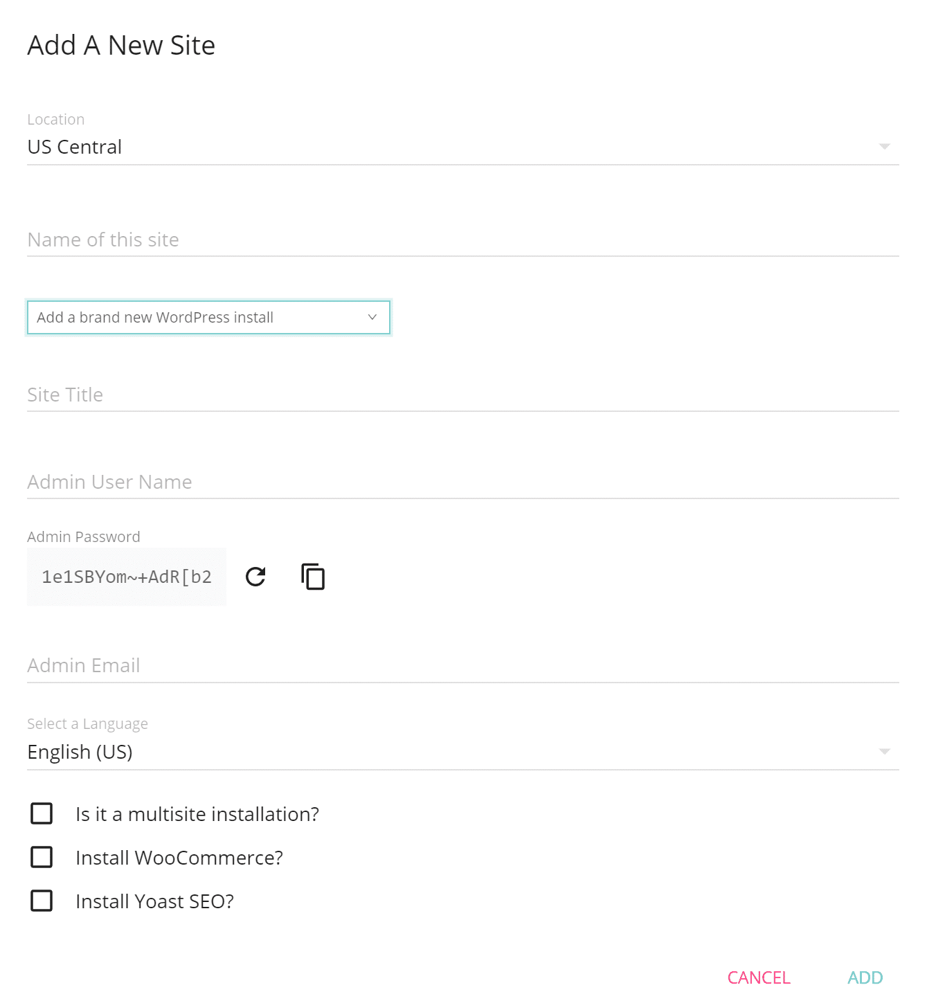 add new WordPress site
