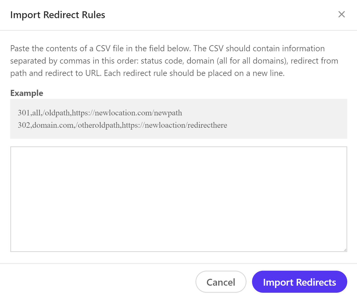 Bulk import redirect rules