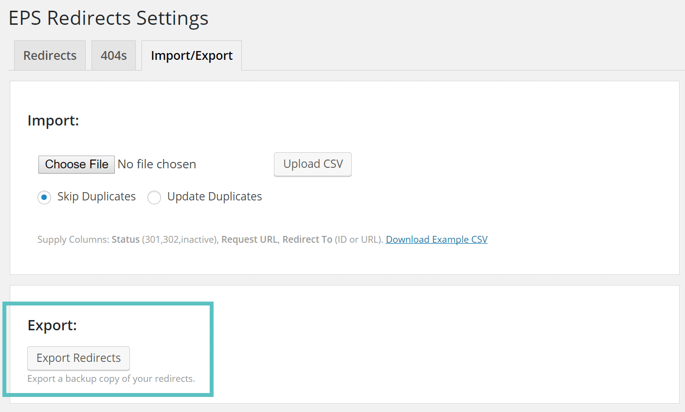 Export redirects from EPS Redirects plugin settings.