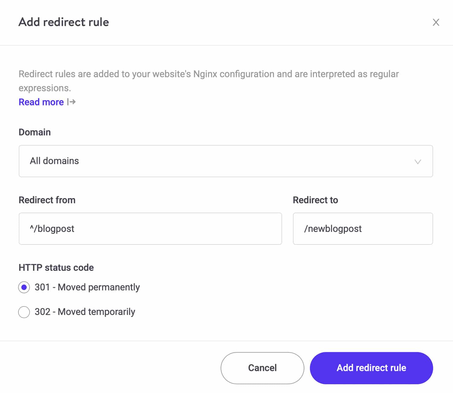 Add a 301 redirect in MyKinsta Add a 301 redirect in MyKinsta.