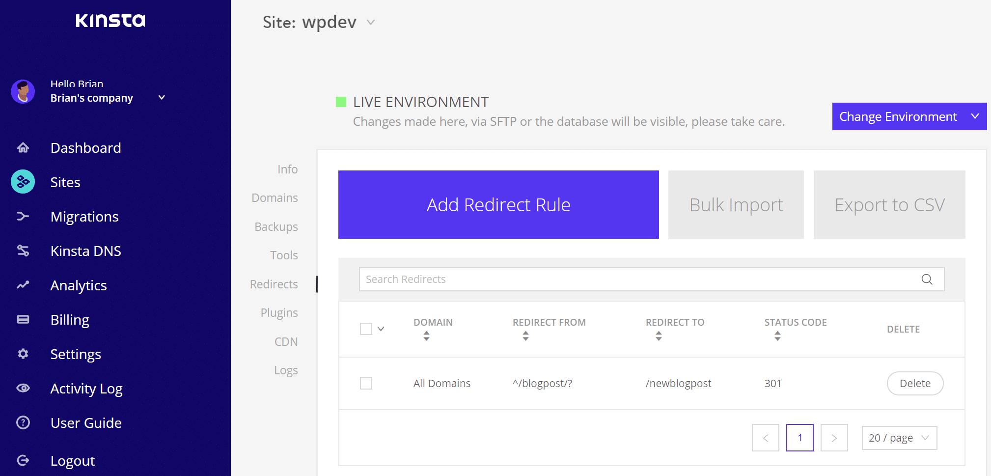 Manage redirect rules