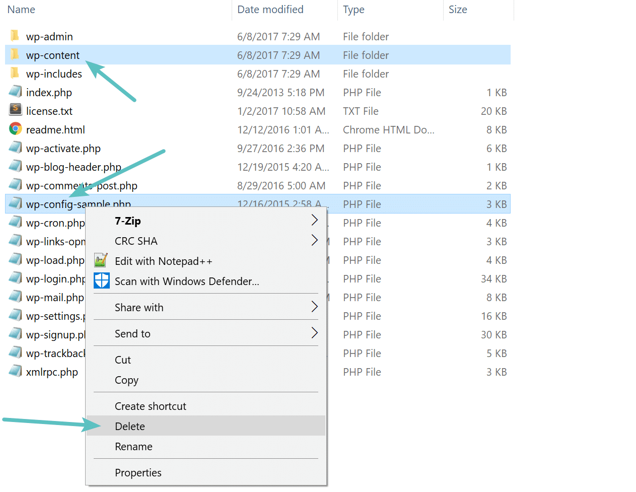 Delete wp-content folder