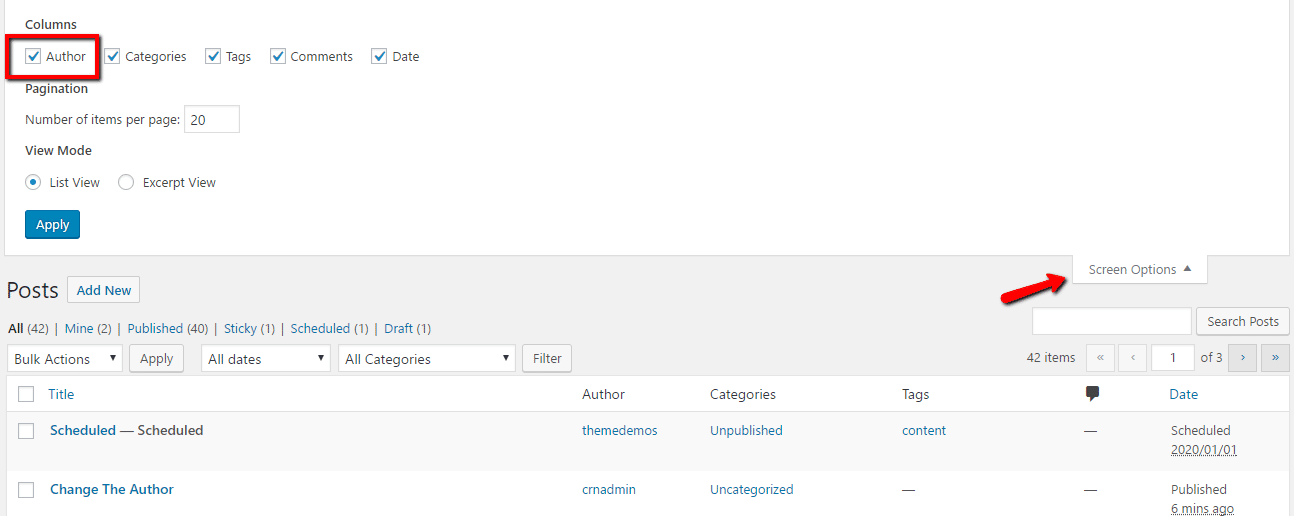Author screen options