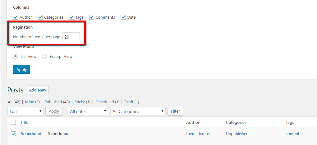 Change number of items per page