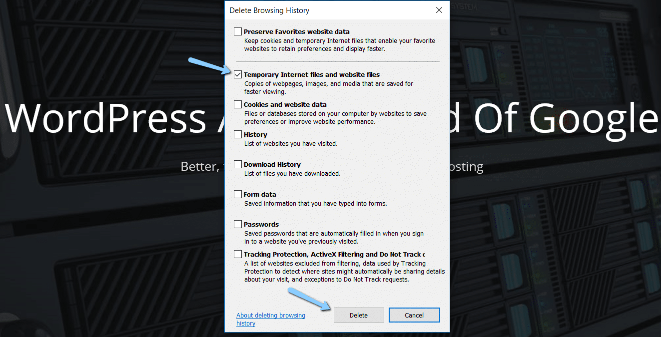 ie clear cookies and cache