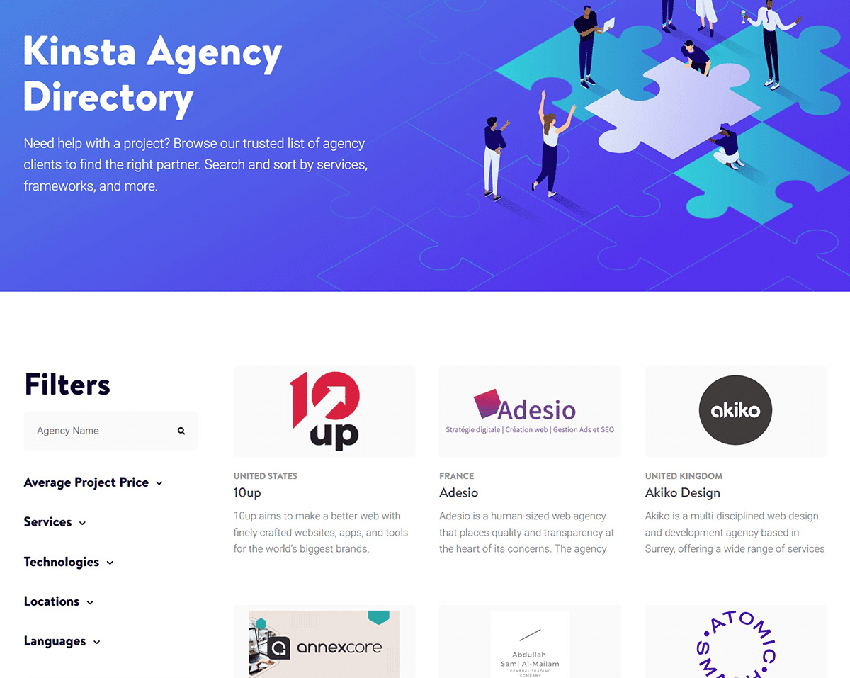 A screenshot of the Kinsta Agency Directory website.