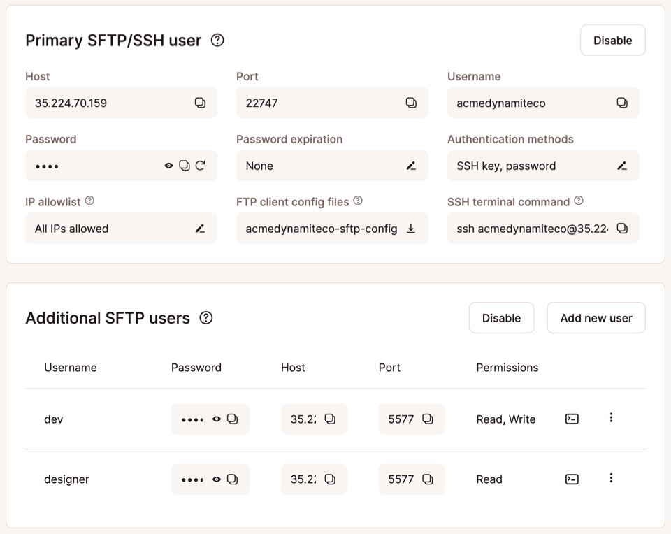 A screenshot of SFTP/SSH information in the MyKinsta dashboard.
