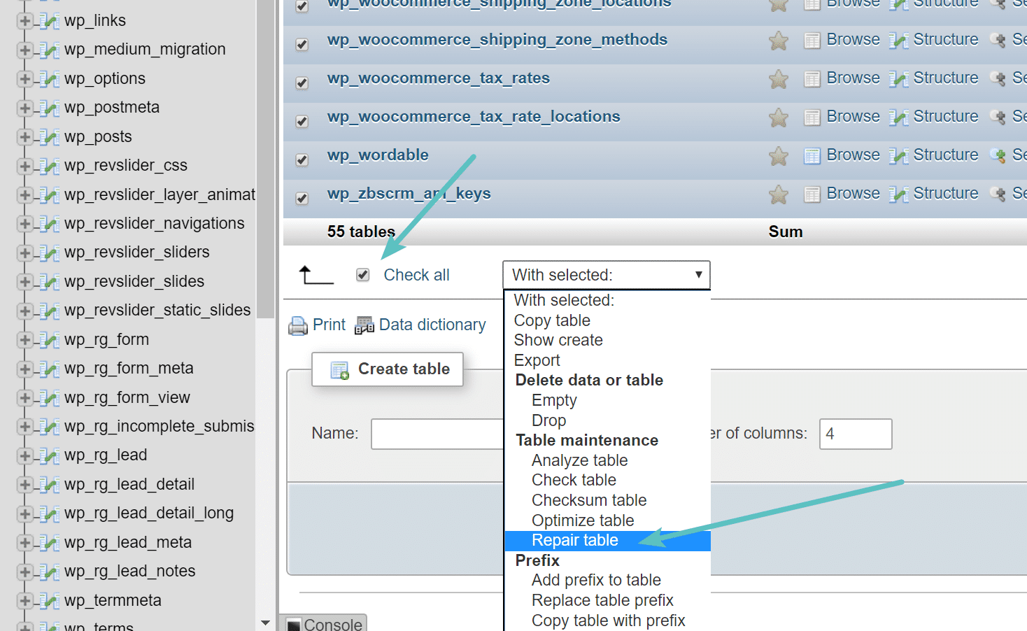 Repair tables in phpMyAdmin