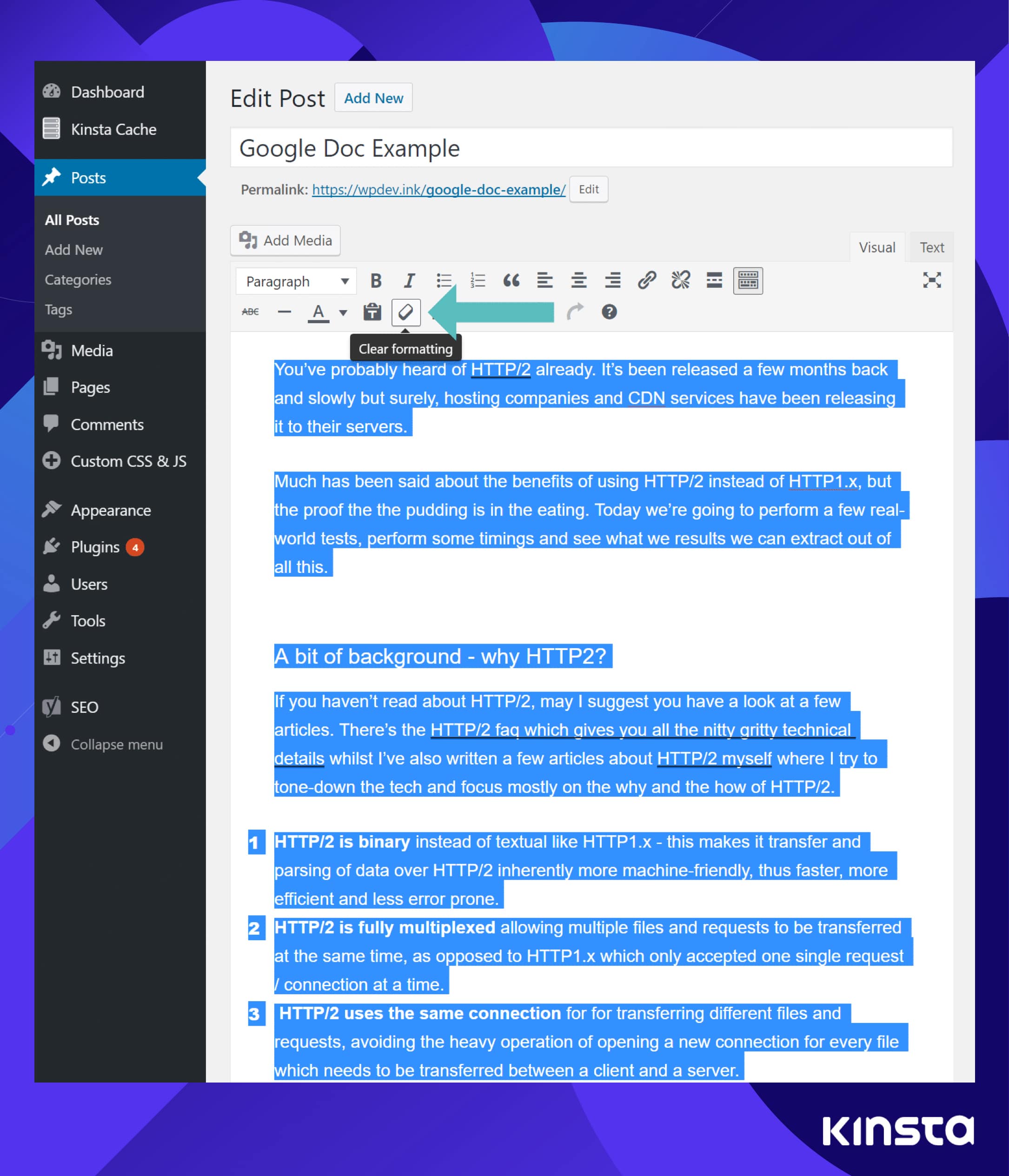 WordPress clear formatting