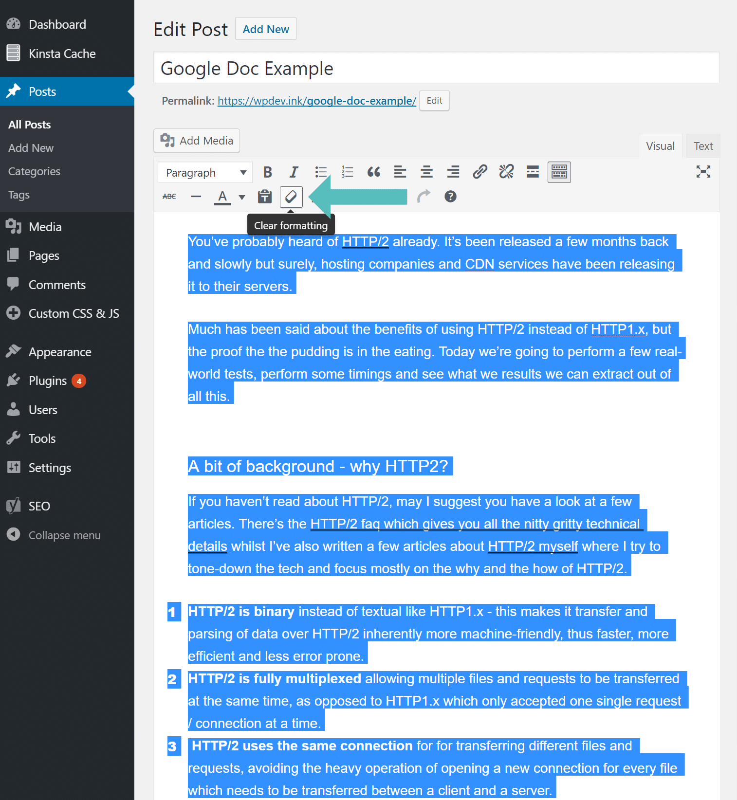 WordPress clear formatting