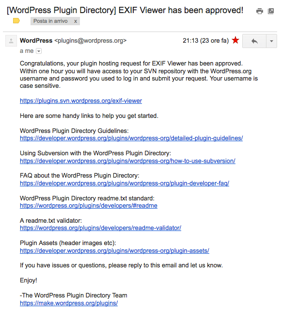 Eine E-Mail wird dich informieren, dass das Plugin genehmigt wurde