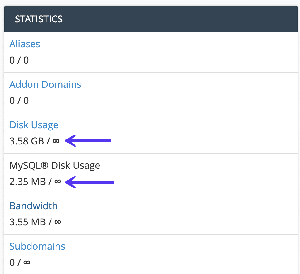 cPanel disk usage overview