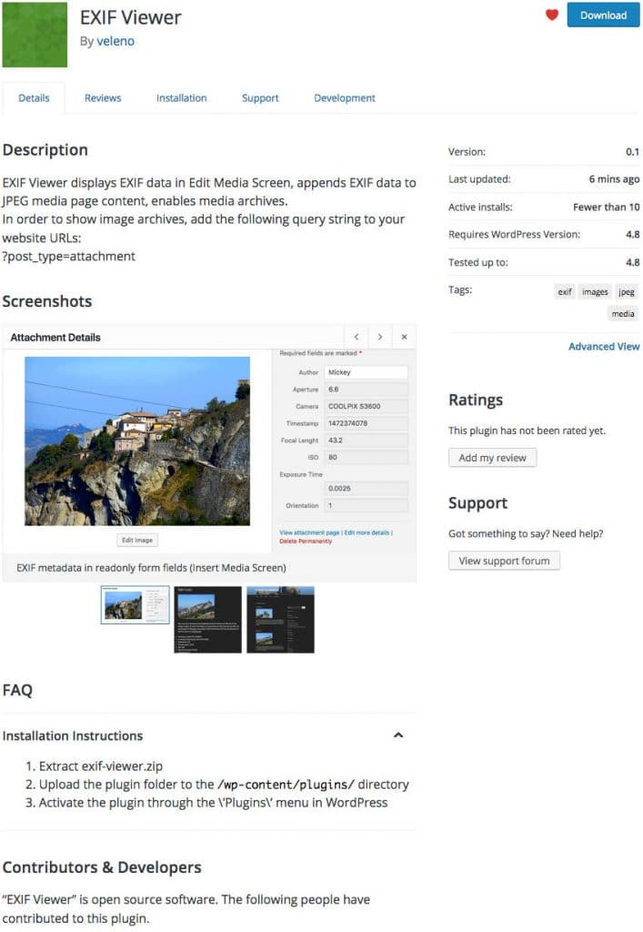 Die letzte Seite des ExIF Viewer Plugins