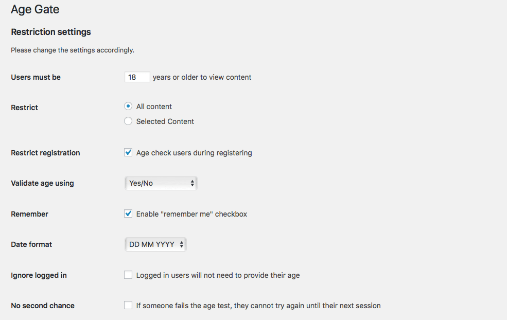 Age Gate settings panel