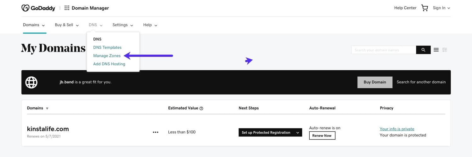 GoDaddy domain dashboard.