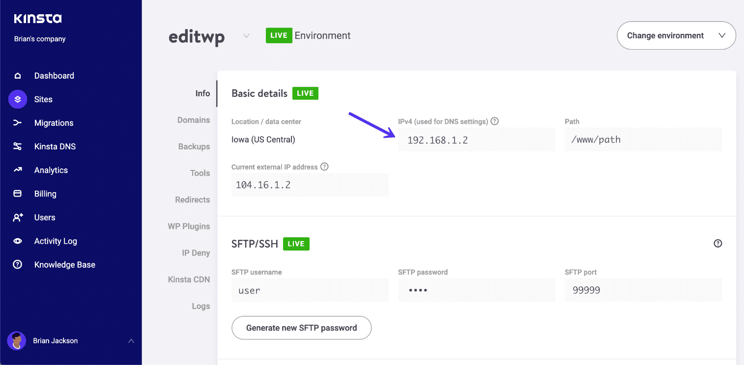 Kinsta IPv4 Address (A record)