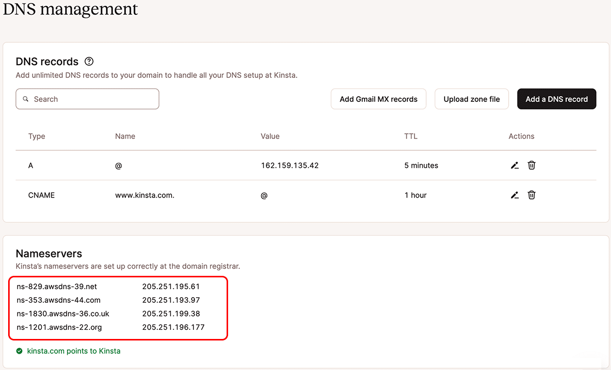 Uno screenshot della pagina Gestione DNS nella dashboard di MyKinsta con i server dei nomi evidenziati.