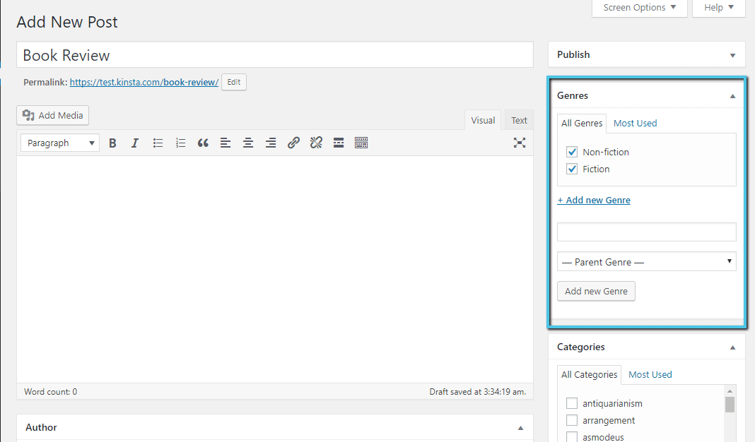 How a custom taxonomy looks on the backend