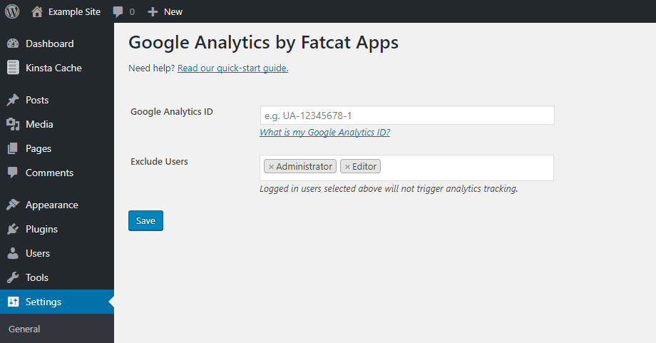 Interface de configuração do Google Analytics Cat