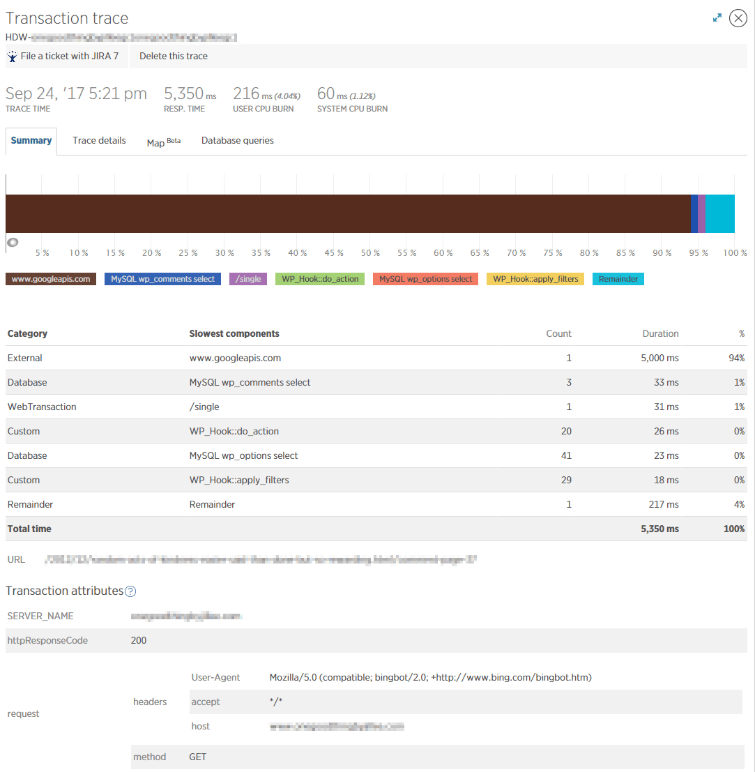 A single slow transaction summary in New Relic APM.