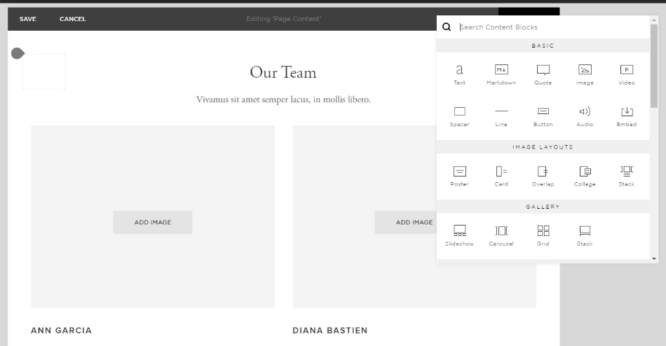 Building a page with Squarespace drag and drop editor