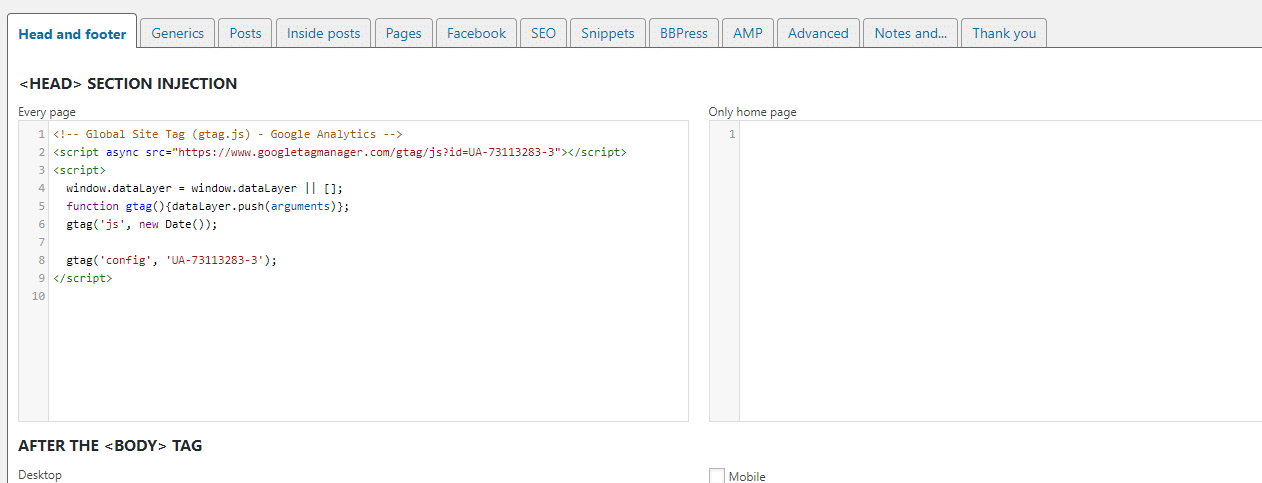 Example of adding code to header