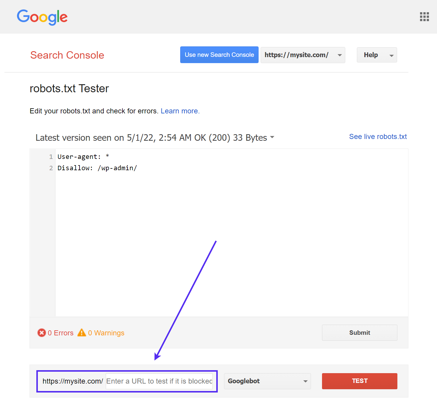 Google's robots.txt Testing tool with an arrow pointing to the URL submission field.