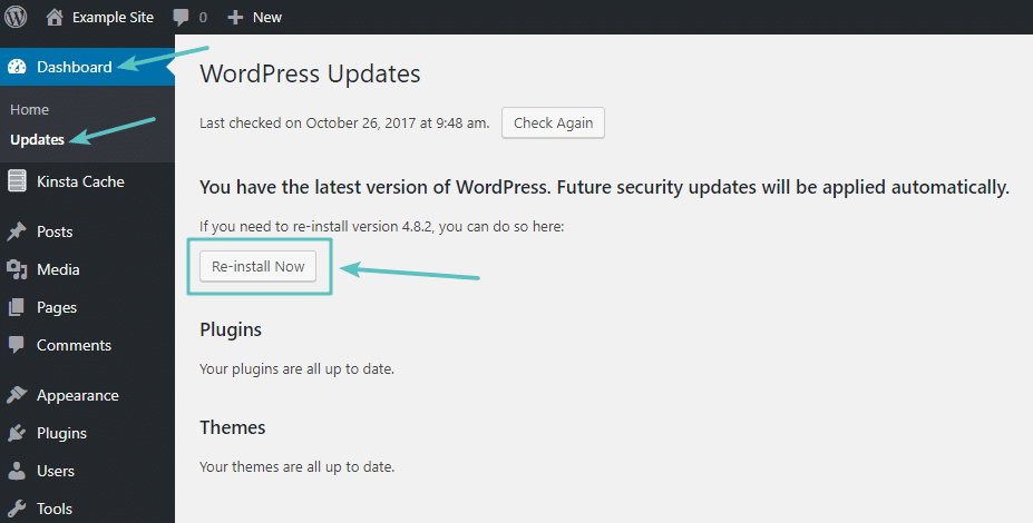WordPress dashboard updates area