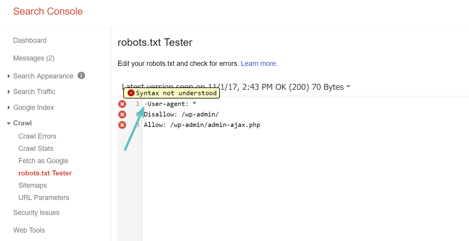 Captura de pantalla que muestra la herramienta de prueba robots.txt en la consola de búsqueda de google mostrando errores