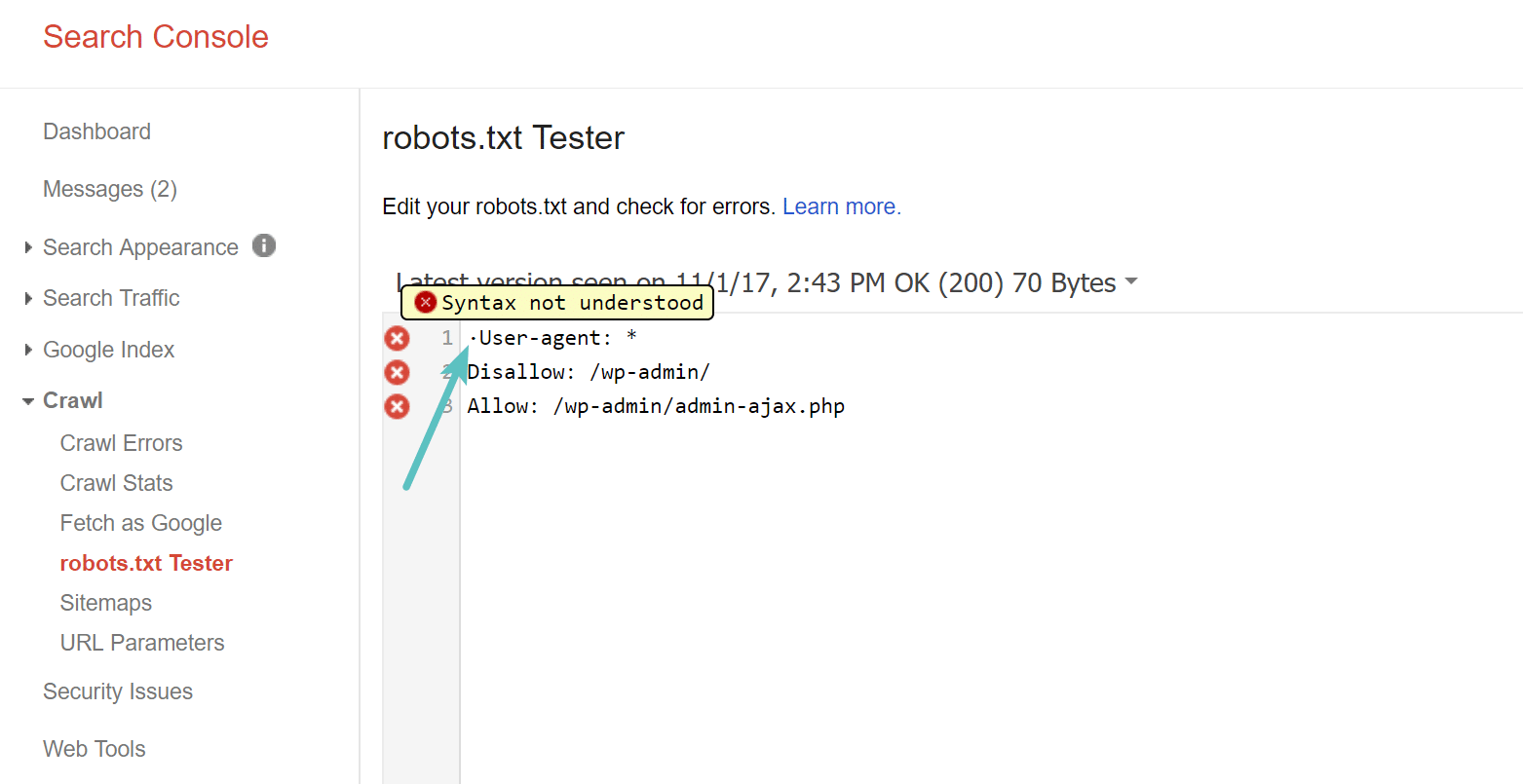 Schermata che mostra lo strumento di test robots.txt nella Search Console di Google che mostra gli errori