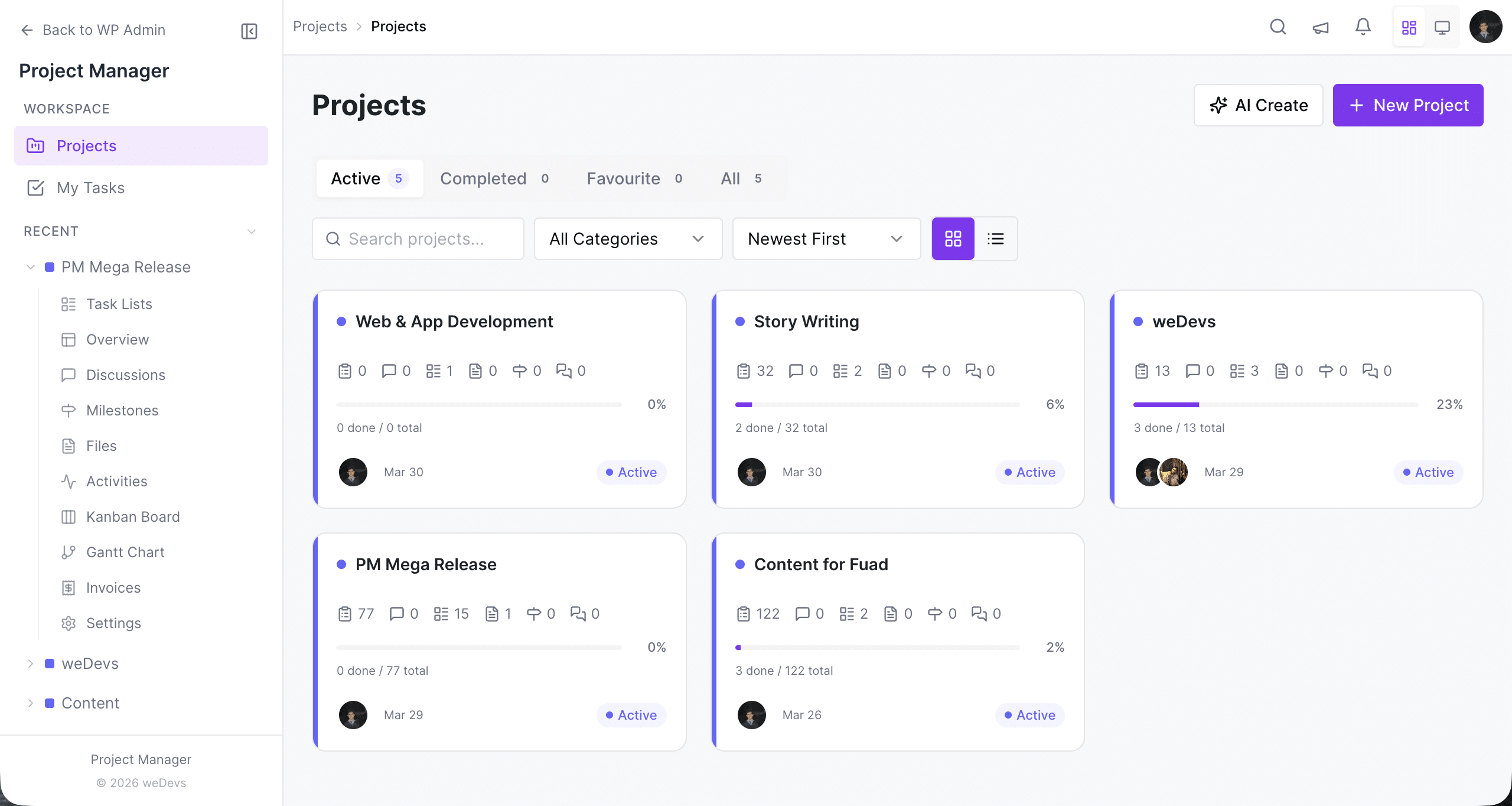 WordPress project management dashboard