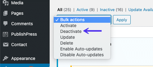 Deactivate plugins in WordPress