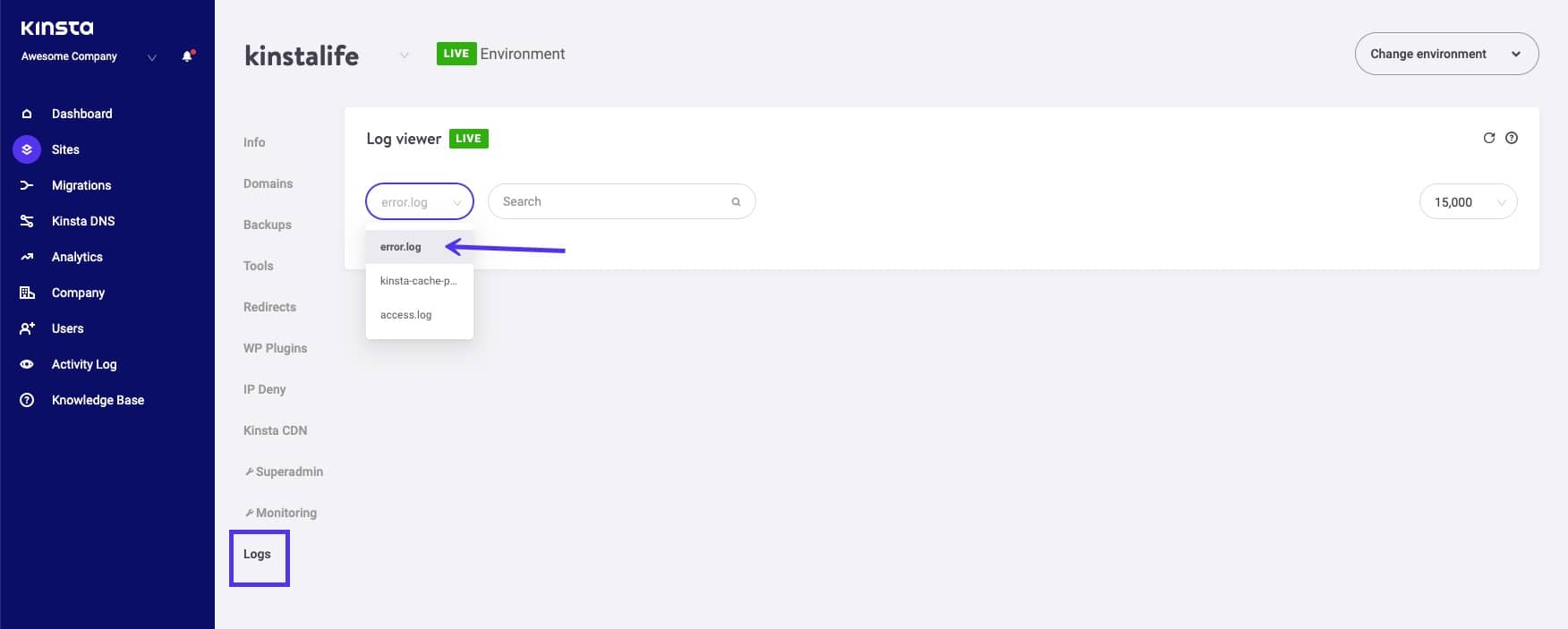 Checking error logs inside MyKinsta dashboard